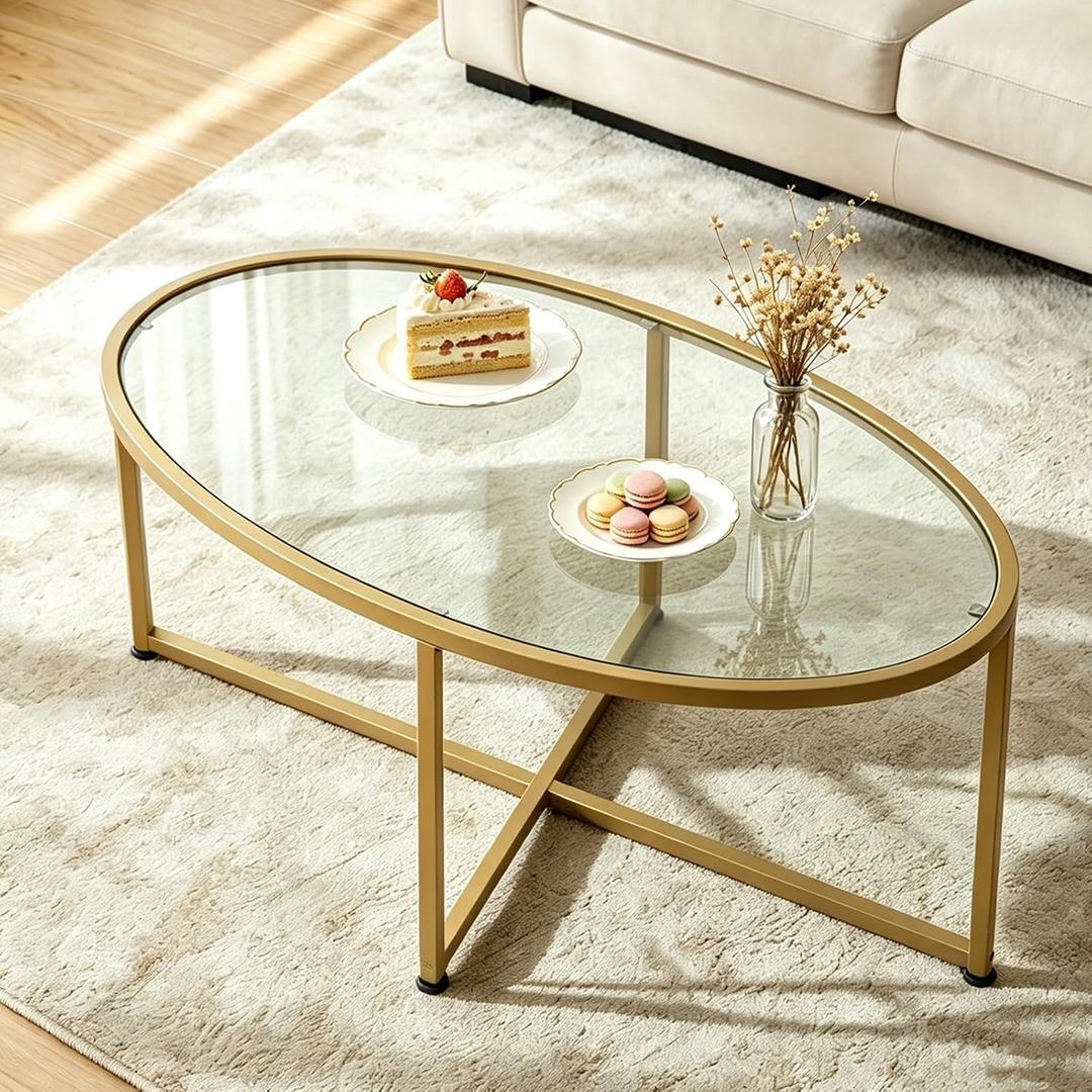 Wolawu Coffee Table Gold Oval Glass Coffee Tables for Living Room,Modern Gold Metal Frame Tea Tables for Small Space, Tempered Glass Top Center Table with Stable Cross Base for Bedroom, Office,Balcony, 39.37 inches x 21.62 inches x 17.72 inches