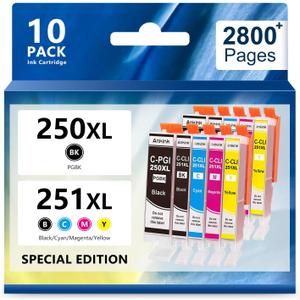 PGI-250XL CLI-251XL Ink Cartridge 10 Value Pack Compatible for Canon 250 251 PGI-250 CLI-251 XL Cannon 250XL 251XL Printer Ink to PIXMA MX922 MX920 IX6820 IP8720 MG5520 MG7520 IP7220(Black Color)