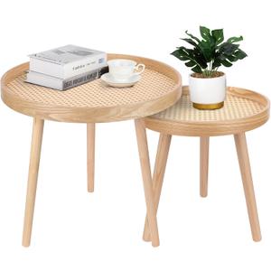 Round Coffee Table Set of 2, Natural Boho Coffee Tables, Small Mid Century Modern Rattan Coffee Table, Boho Side Table End Tables for Living Room Bedroom Office Natural Walnut - Set