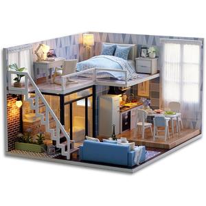 TuKIIE DIY Miniature Dollhouse Kit with Furniture, 1:24 Scale Creative Room Mini Wooden Doll House Accessories Plus Dust Proof & Music Movement for Kids Teens Adults(Blue Times)