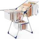 Sakugi Clothes Drying Rack with Height-Adjustable Wings, Metal Foldable Laundry Dryer Stand for Clothing & Bedding, Free-Standing Collapsible for Indoor & Outdoor Use, 55.5" L × 22.8" W, Silver Blue