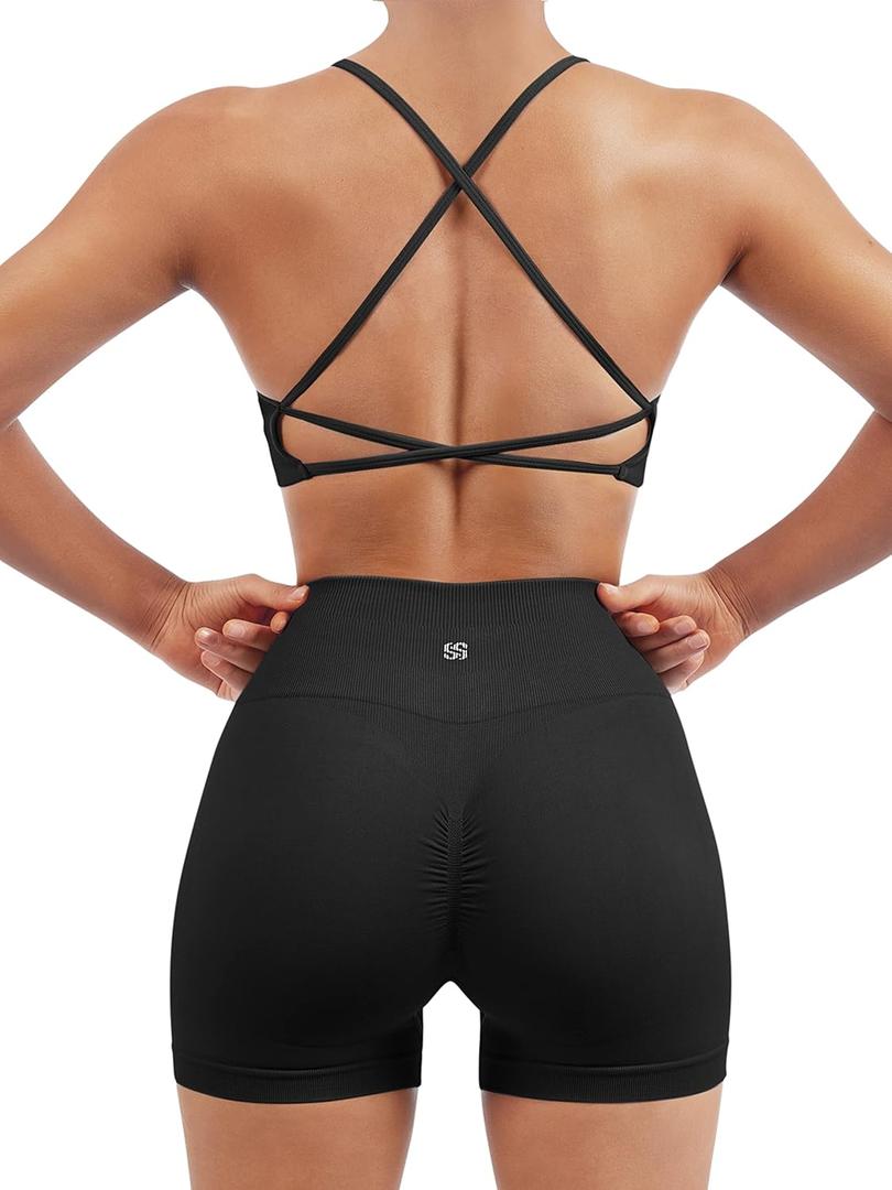 SUUKSESS Women Seamless Workout Sets Strappy Sports Bra High Waist Booty Shorts Outfits (2-4, #1 Black)