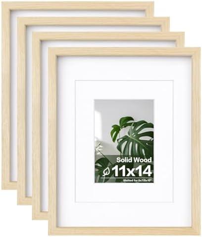Egofine 11x14 Picture Frames Set of 5, Made of Solid Wood Covered by Plexiglass 5x7 and 8x10 with Mat or 11x14 without Mat, for Table Top Display and Wall Mounting Photo Frame Oak Wood