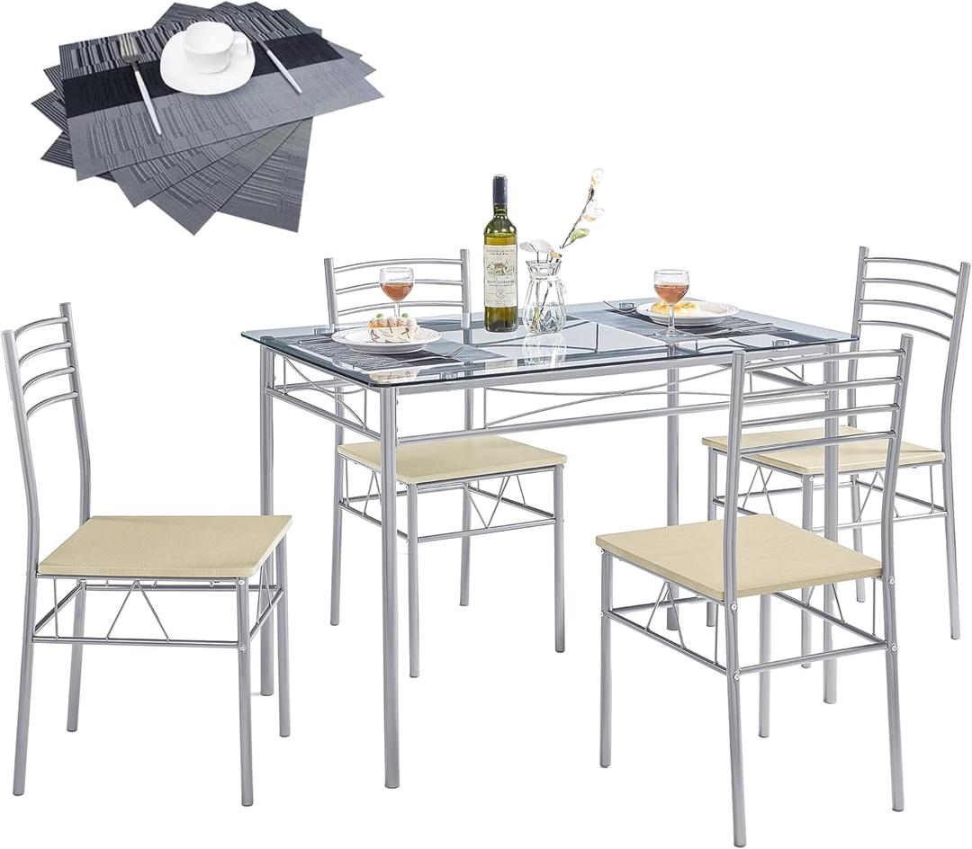 VECELO 5-Piece Kitchen Dining Table Set, Glasses Tabletop & Heavy-Duty Metel Frame, Rectangle Dinette with 4 Chairs for Small Space, Breakfast Nook, Glasses & Black