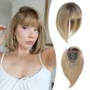 Ms Taj 12 Inch Hair Topper with Bangs, 360 Cover Synthetic Clip in Bangs, 4"x5" Bangs Natural Straight Fiber Hair Toppers for Women, Breathable & Comfortable for Daily Wear(Ombre Brown Blonde)