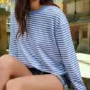 Gardenwed Long Sleeve Shirts for Women Striped Crewneck Loose Fit Basic Tops 2025 Fall T-Shirt (Blue, XXL)