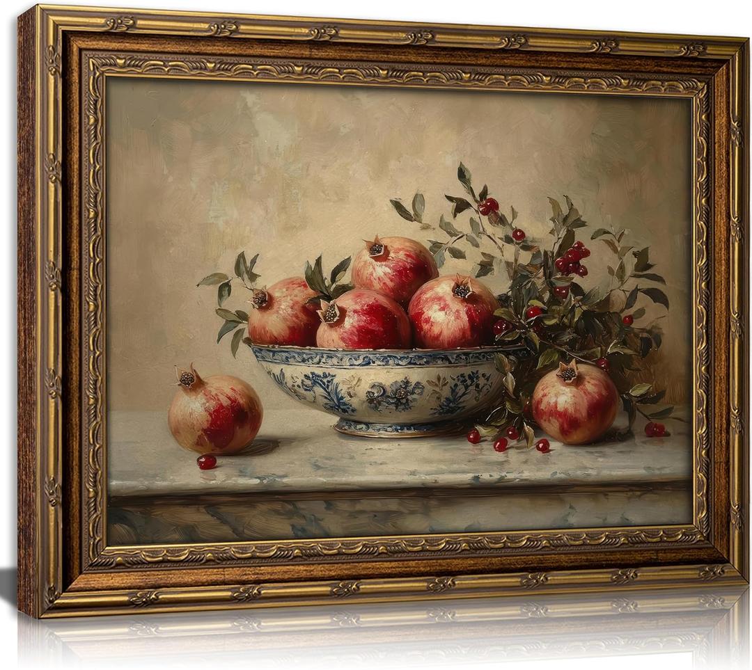 Vintage Gold Framed Pomegranate Still Life Wall Art, Moody Retro Fruit Oil Painting Canvas Print, Antique Bowl and Autumn Botanical Kitchen Wall Decor, Rustic Farmhouse Poster Artwork for Dining Room
