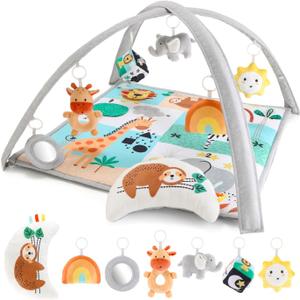The Peanutshell Unisex Baby Play Gym & 7-in-1 Play Mat - Playmat Baby Toys 0-6, 6-12 Months Tummy Time Mat with Hanging Toys, Soft Padded for Newborns, Infants - Safari