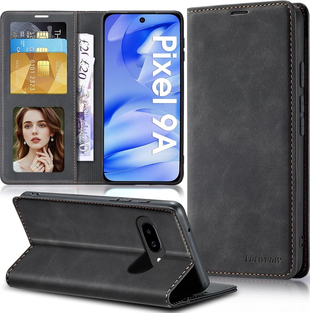 For Google Pixel 9A Case Flip Leather Cover with Hinge Protection, Thin Magnetic Wallet Case [Card Holder], Shockproof Protective for Google Pixel 9A Phone Case, Black