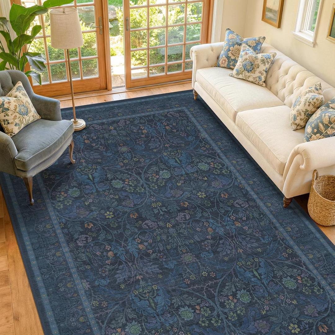 6x9 Rugs for Living Room Non Slip, Low Pile Soft Soft Rugs for Bedroom, Floral Washable Dining Room Carpet, Dark Blue Victorian Mats