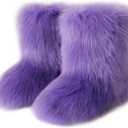 QMFUR Women's Furry Faux Fur Boots Fuzzy Fluffy Mid Calf Snow Boots Suede Warm Fur Lined Booties Flat Fashion Boots (8, Purple)