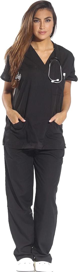 Just Love Women's Six Pocket Medical Scrubs Set (V-Neck with Cargo Pant) (Medium, Black)