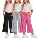Halfchet 3 Pack Girls Capri Pants Wide Leg Baggy Cropped Sweatpants Kids Basic Casual Capris with Pockets for Ages 5-14(11-12 Years,Rose Red, Light Heather Gray, Black)