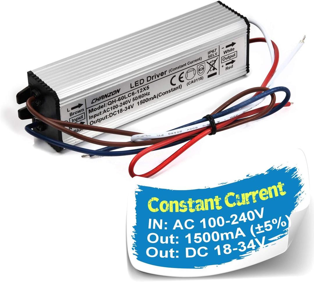 Chanzon LED Driver 1500mA (Constant Current Output) 18V-39V (in:100-240V AC-DC) (6-12) x5 30W 40W 50W 60W IP67 Waterproof High Power Supply 1500 mA Lighting Transformer for 50 W COB Chips (Aluminium)