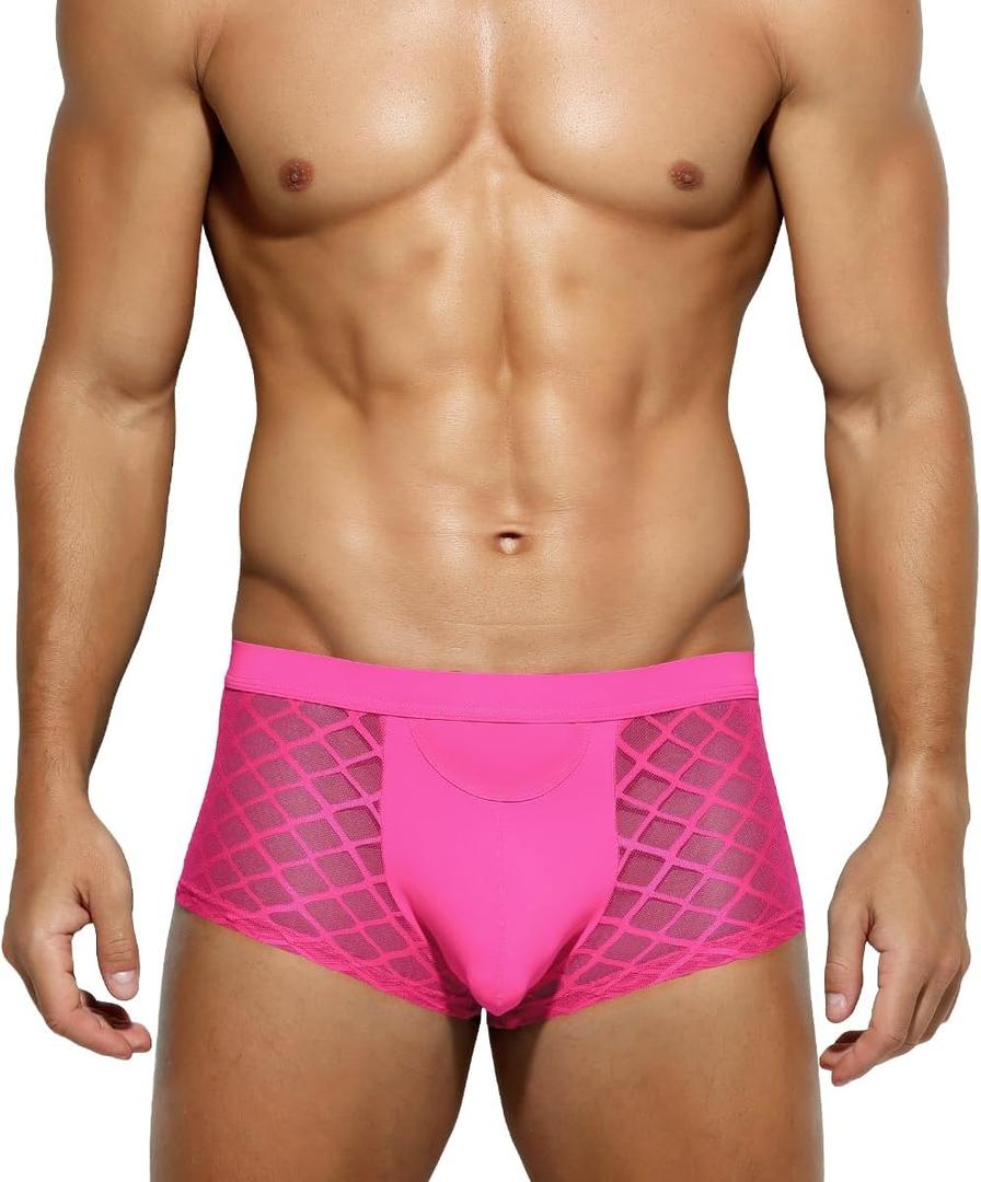Arjen Kroos Men's Underwear Sexy Breathable Mesh Boxer Briefs Trunks with Open Fly Pouch (X-Large, Pink)