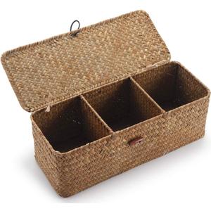 Seagrass Storage Basket for Bathroom - Wicker Toilet Tank Basket with Lid - Woven Narrow Organizer (16.5" x 5.5" x 5.5")