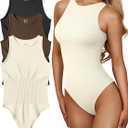 OQQ Women's 3 Piece Bodysuits Sexy Ribbed One Piece Sleeveless Halter Neck Tops Leotard Summer Trendy, Largen Black/Coffee/Beige 