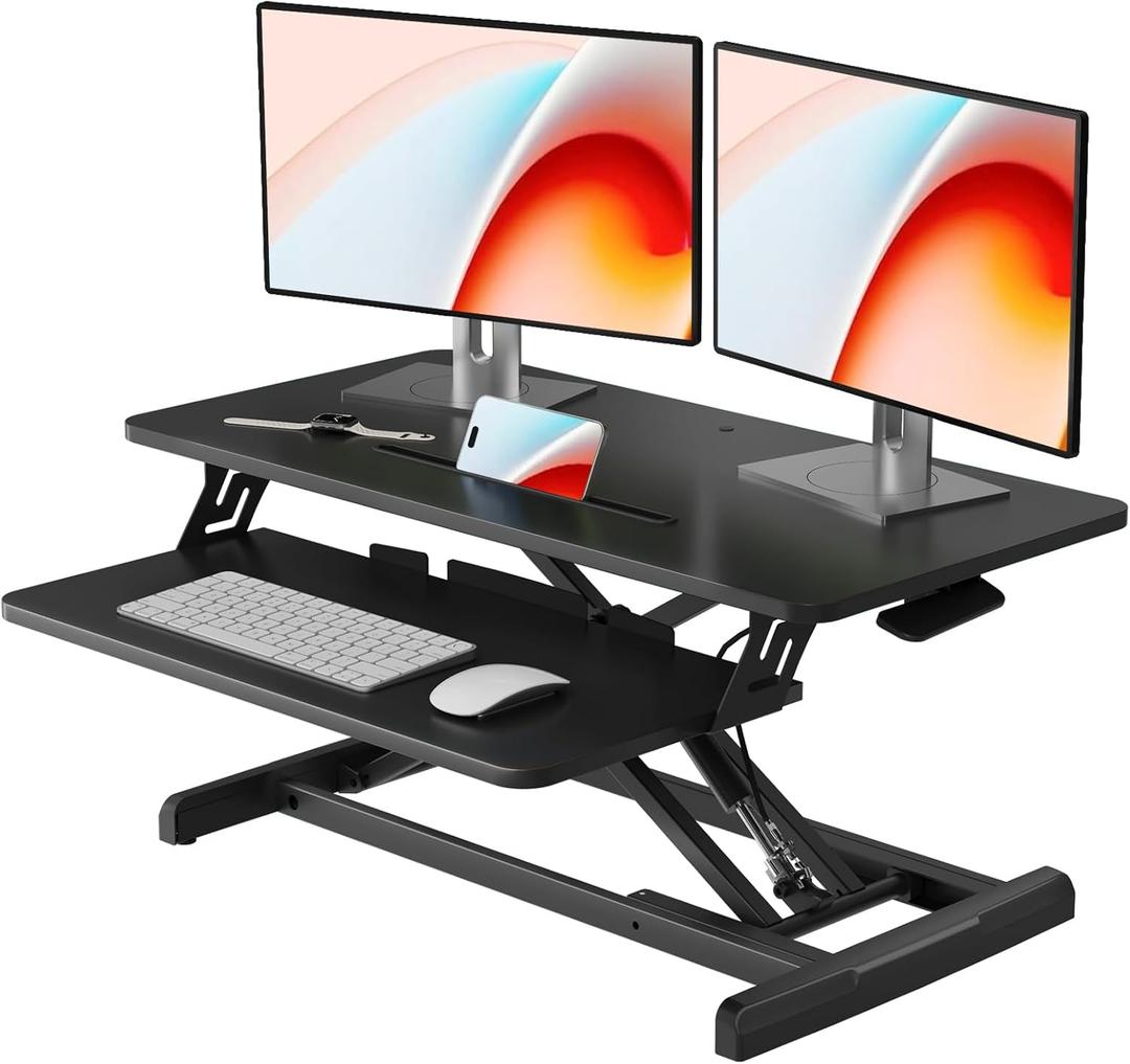 JOY worker Standing Desk Converter, 32" Wide Height Adjustable Sit Stand Up Desk Riser with Keyboard Tray, Desktop Workstation Riser for Home Office Computer Laptop, Particle Board, Black