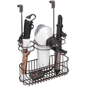 mDesign Steel Over Cabinet Door Hair Care, Hot Styling Tool Organizer Storage Basket for Hair Dryer, Flat Irons, Curling Wands, Straighteners, Space Saving, 3 Sections, Concerto Collection, Bronze