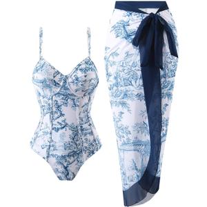 Women's One Piece Swimsuit with Cover Up Sarong Swimsuits for Women Printed Bathing Suit with Cover Up Set Wrap Slimming Two Piece Bathing Suit A Blue Floral, XX-Large