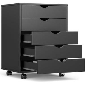 OLIXIS 5 Drawer Mobile File Cabinet Under Desk Storage Organization with Wheels Vertical Filing Chest Rolling Wood Small Desk Printer Stand for Home Office, 15.75"D x 18.74"W x 25.39"H, Black