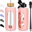 Glass Water Bottles 64 oz - Half Gallon Large Motivational Daily Water Intake Bottle Time Marker - Glass Water Bottle With Straw, Silicone Sleeve 2 Lids, Handle Spout & Bamboo Lid(Pink)