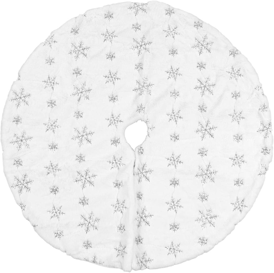Mrisata Christmas Tree Skirt Round Shape Soft Comfortable White Christmas Mat for Home Store Decor Holiday Decoration Polyester Material 35.4in Diameter (Silver)