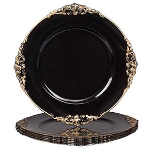 MAONAME Black Charger Plates with Gold Rim, Round Antique Plate Chargers for Dinner Plates, 13" Plastic Charger for Wedding Table Setting, Set of 5