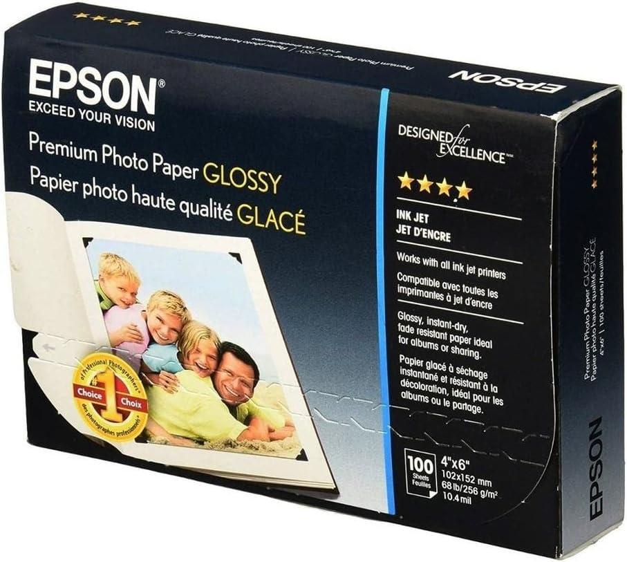 Epson S041727 Premium Photo Paper, 68 lbs., High-Gloss, 4 x 6 (Pack of 100 Sheets),White (4x6 Inches)