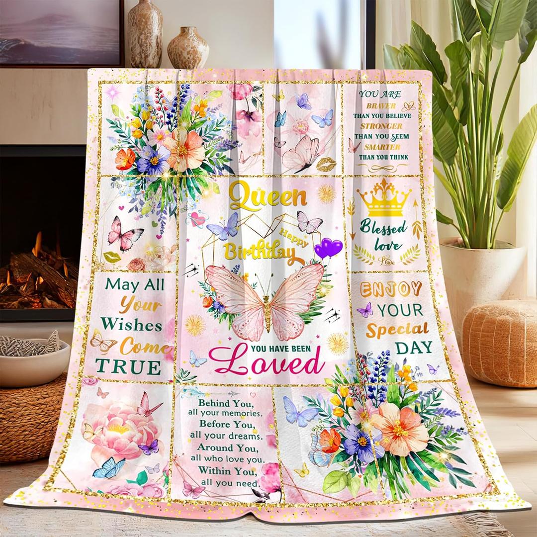 Happy Birthday Gifts for Women, Super Soft Funny Pink Butterfly Flower Bday Decorations Blanket 50"x40" for Kids Adults, Birthday Gifts for Girls, Warm Plush Fleece Flannel Blanket for Couch Bedding