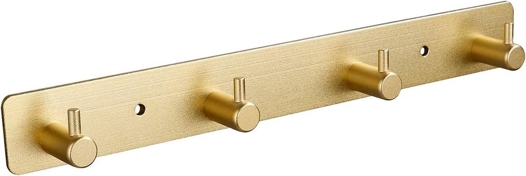Gold 4 Wall Hooks, Brushed Gold Bathroom Hook Rail, Self Adhesive Key Hook Rack Hanger Towel Robe Stick Hooks for Toilet Entryway Hallway Kitchen Wall Mounted