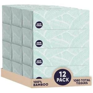 Save Trees Bamboo Facial Tissues - 12 Boxes of Eco-Friendly, 3-Ply Hypoallergenic Tissues, 90 Sheets per Box, FSC Certified, Plastic-Free Packaging, Soft & Gentle for Home Use