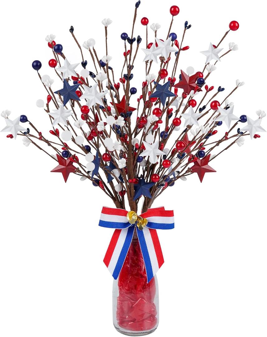 4 Pack Patriotic Artificial Berry Stem Picks White Blue Red Stars for 4th of July Independence Day, Pentagram Faux Berry Branches Decoration for Home Office Restaurant Vase Decor