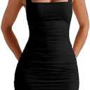 BORIFLORS Women's Sexy Bodycon Corset Mini Dresses Square Neck Ruched Sleeveless Club Party Short Dress, M