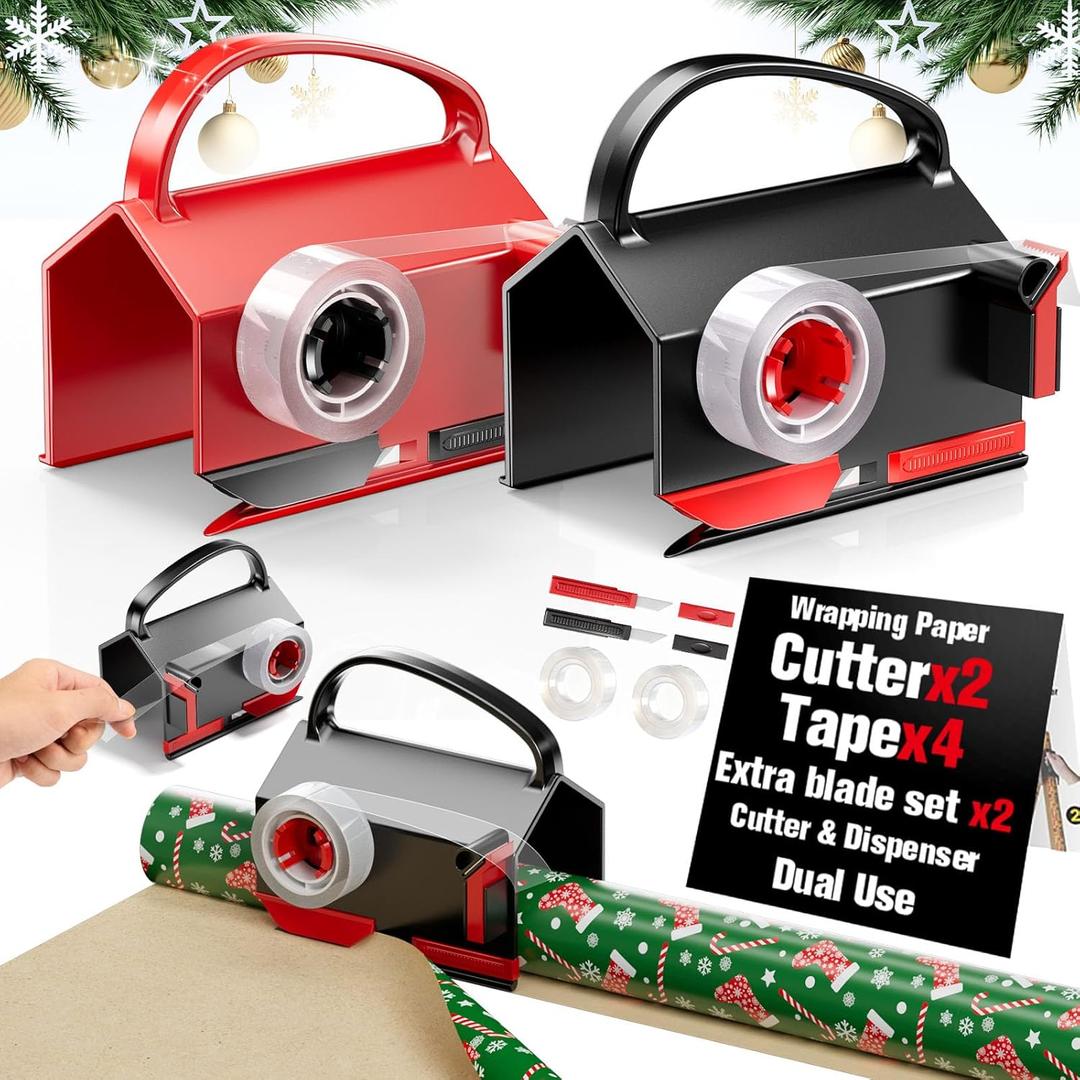 2 Pack Wrapping Paper Cutter & Tape Dispenser Dual Use, Gift Wrap Cutter Tool for Rolls Paper with 4 Tapes & 2 Replace Blades Kit for Christmas Birthday, Easy Cut for Present Wrapping (Black)