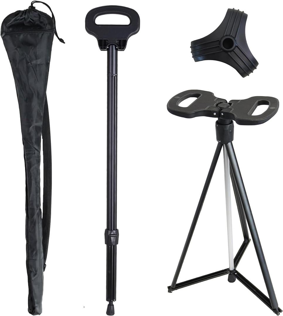 Cane with Seat 2-in-1 Portable Walking Stick with Seat for Men & Women Folding Lightweight Sturdy Tripod Cane Foldable Stool Mobility Aid Crutch Chair with Travel Bag for Elderly, Seniors & Handicap (New Dark Black)