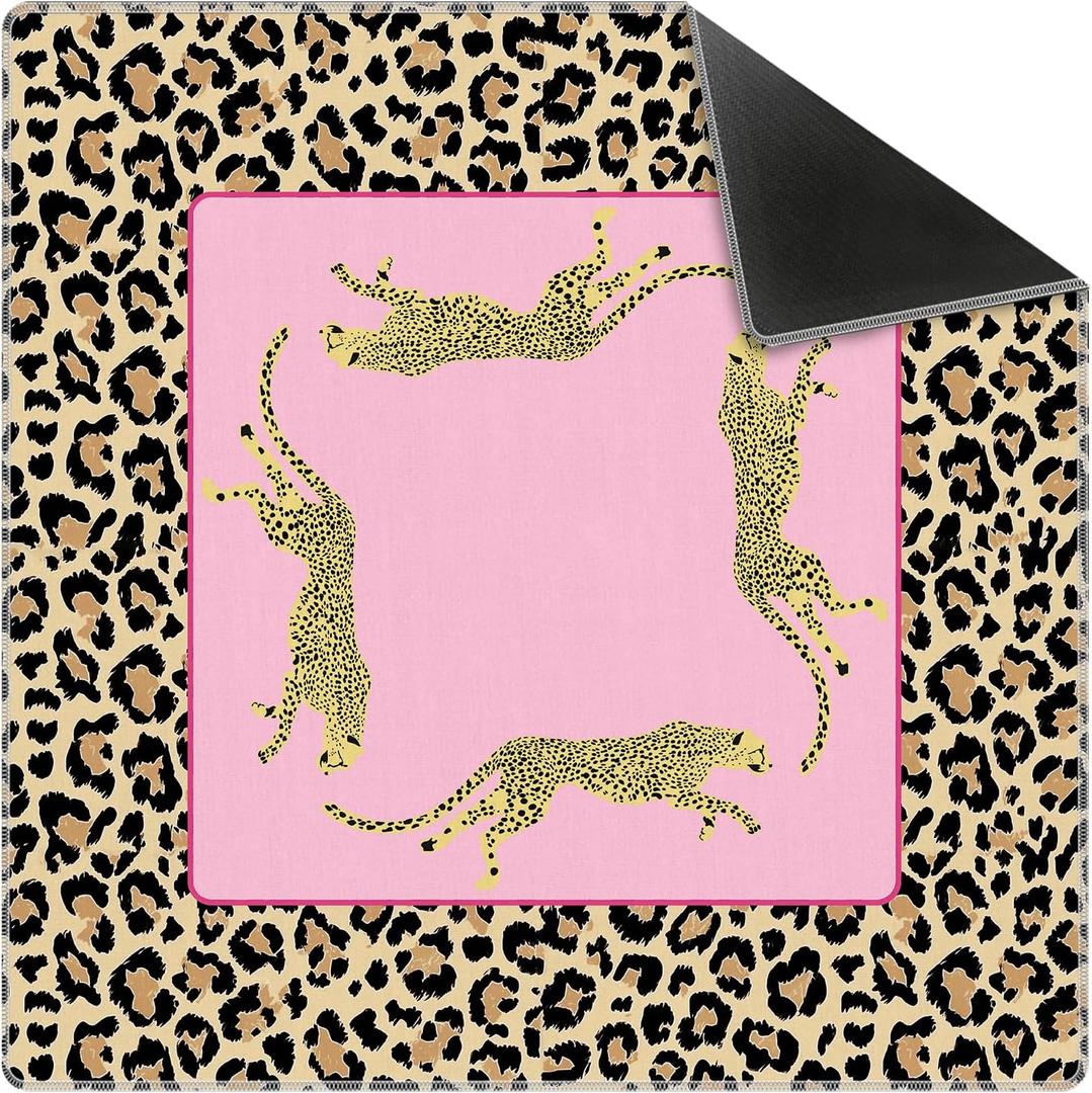 Hot Pink Cute Leopard Mahjong Mat 31.5 x 31.5 Inch, Preppy Pink Y2K Cheetah Non-Slip Noise Reduction Mahjong Table Mat for American Mah Jong Poker Card Board Games Dominoes