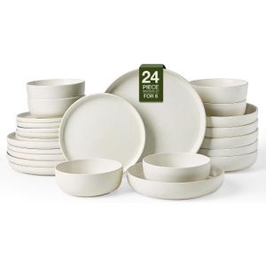 Famiware Milkyway Stoneware Dinnerware Sets with Pasta Bowls, Service for 6 (24 Pieces), Reactive Glaze Plates and Bowls Sets, Microwave and Dishwasher Safe Dishes Set, Matte Beige White