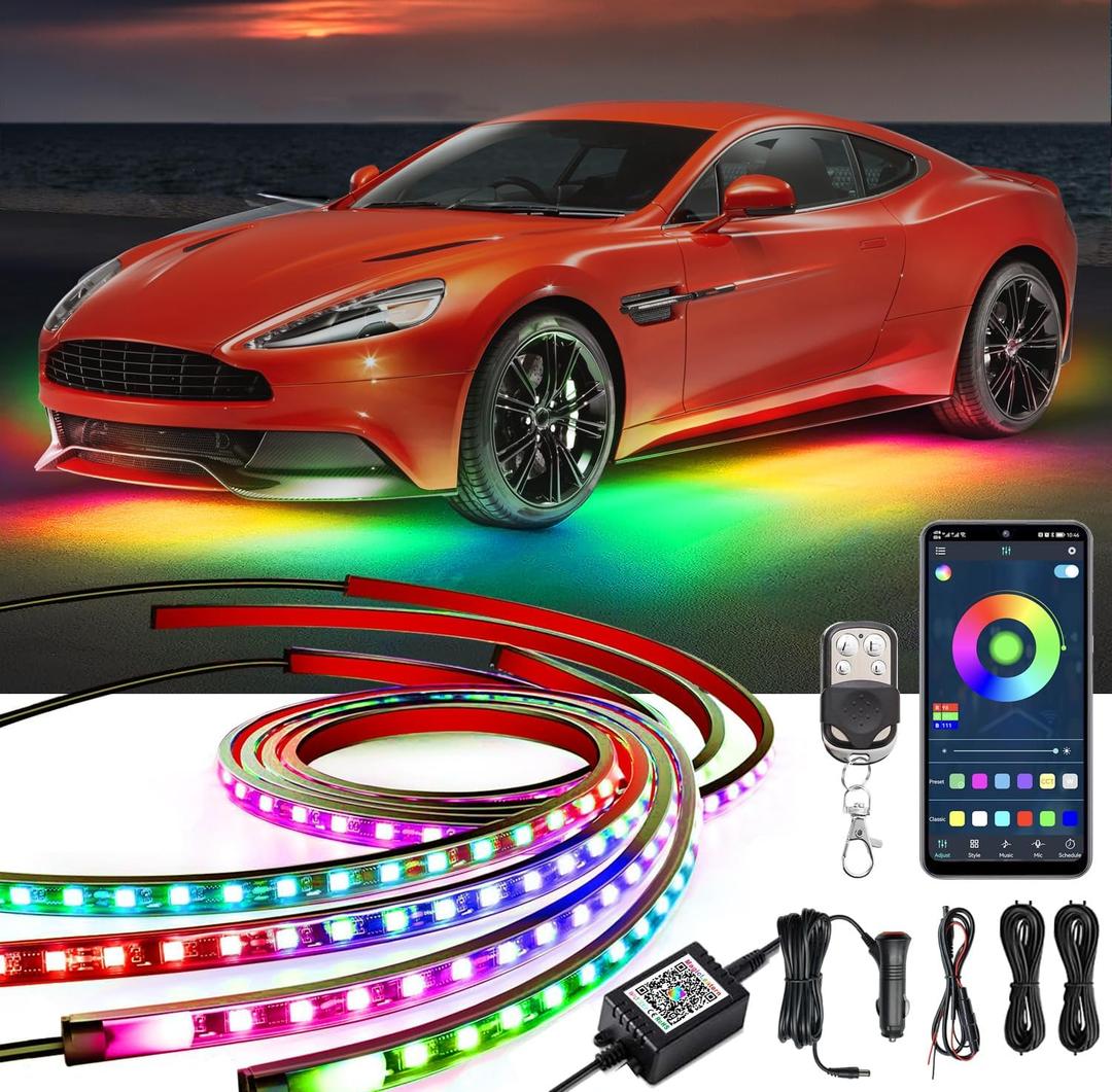 Underglow Car Lights, 252 LEDs RGBIC 4 pcs Dream Color Dancing Chasing Strip Lights with 16 Million Colors and 213 Scene Modes with App and Remote Control, 5 Music Modes for All Cars (Dreamcolor)