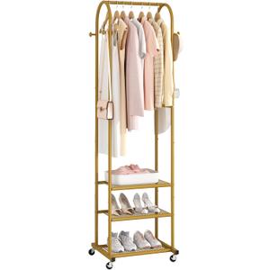 Kaitiemoo Heavy Duty Clothing Rack with Wheels,Modern Garment Rack with 3 Metal Shelves, 71.8Inches Display Rack for Hanging Clothes, Hanging Rod for Small Space,Gold
