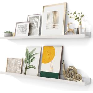 Solid Ash Wood Picture Ledge Shelf, Wood Floating Shelves Set of 2, 48 Inch Long Large Photo Ledge Shelves, Nursery Book Shelves Wall Mounted for Living Room Kids' Bedroom Decor, White
