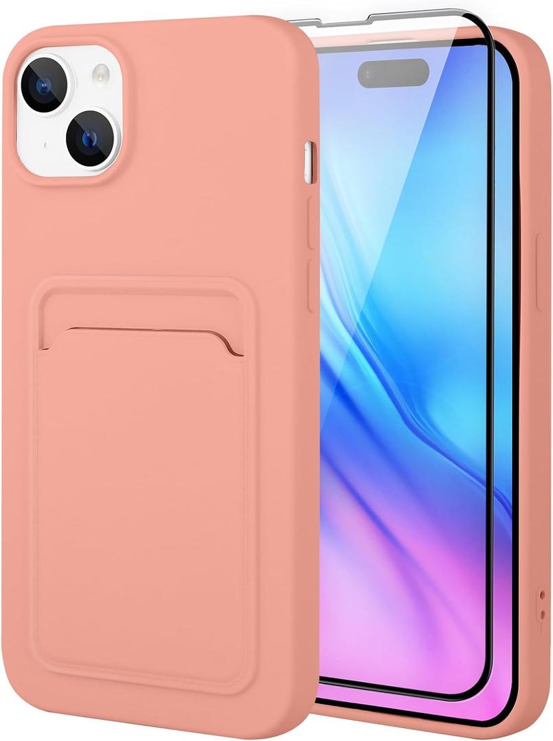 MZELQ Silicone Compatible with iPhone 15 Case, Card Holder Camera Protection Cover + Screen Protector, Card Slot Soft Slim Phone Case -Pink