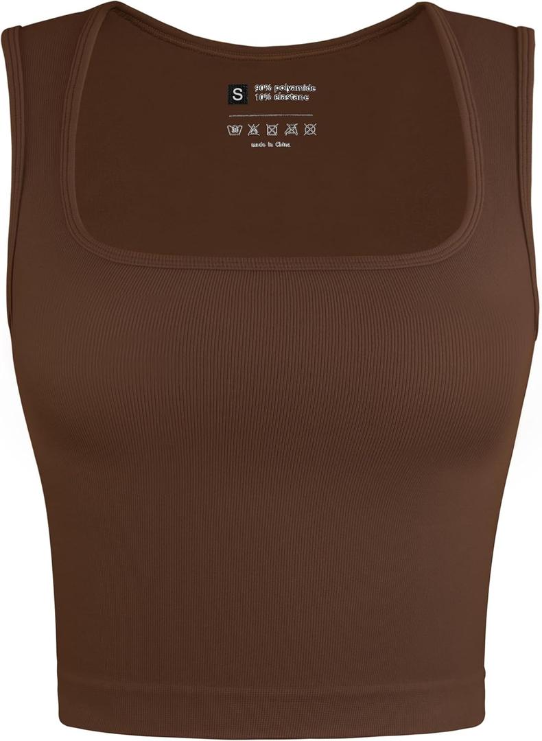 OLCHEE Womens Ribbed Crop Tank Tops Seamless Square Neck Sleeveless Cropped Shirts 2025 Summer Trendy Top - Brown Small