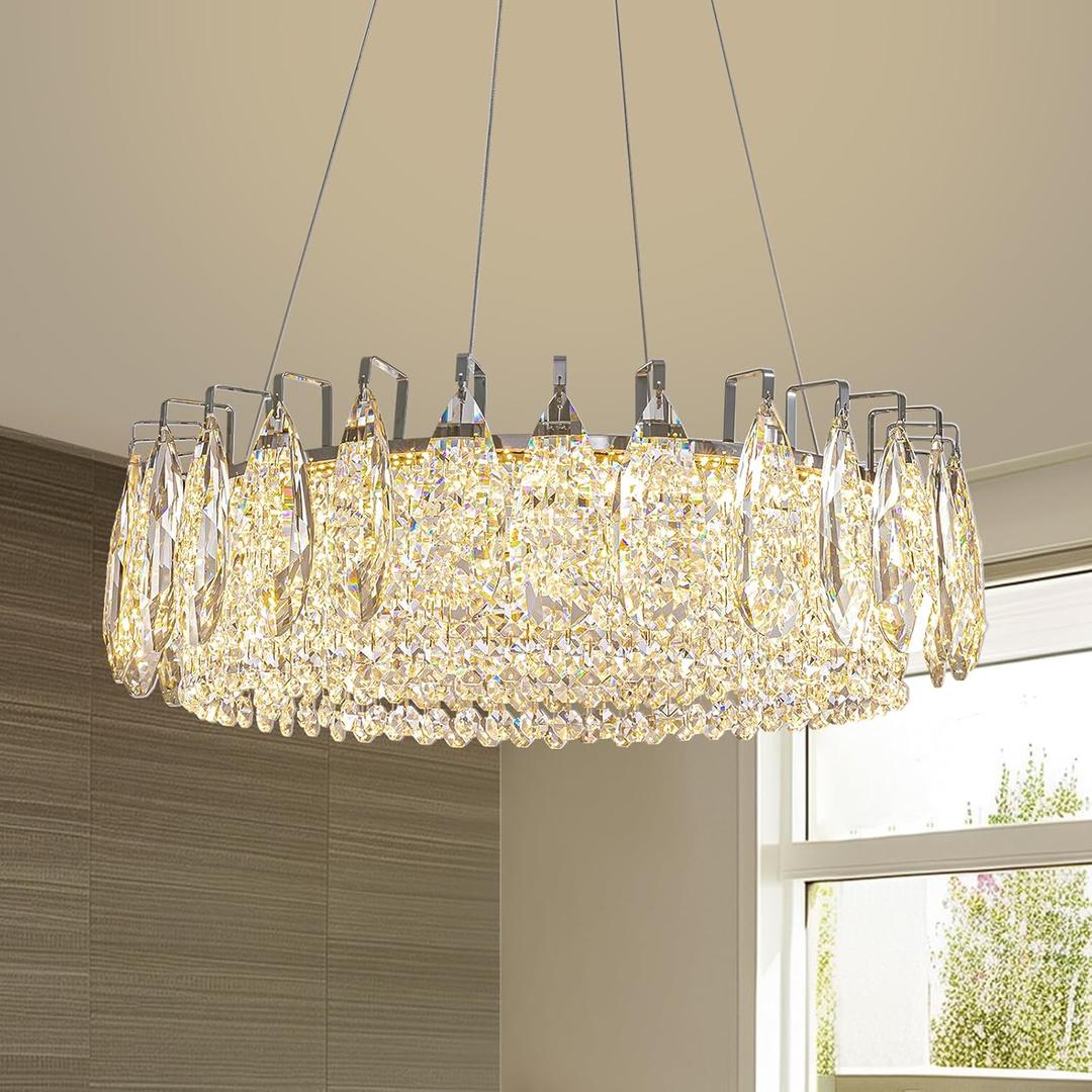 Siljoy Modern Crystal Chandelier 23.6" Chrome K9 Crystal Chandeliers LED Adjustable Round Chandelier for Dining Room Luxury 3 Tiers Pendant Ceiling Light Fixture for Living Room Kitchen Bedroom