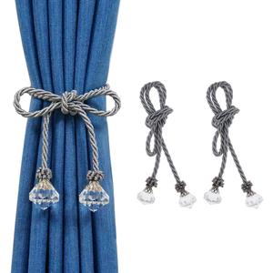 Curtain Tiebacks Rope with Crystal, 2pcs Decorative Handmade Tie Back Curtain Holdbacks Ropes for Window Sheer Drapes Home Office, Dark Grey