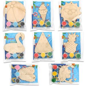 Saypacck 24 Pcs Summer Party Favors Have a Summer Beach Hawaiian Wooden Craft Kits Tropical Hawaiian Wooden Painting Art with for Pool Beach Birthday Goodie Bags Fillers Gifts Organza Bag