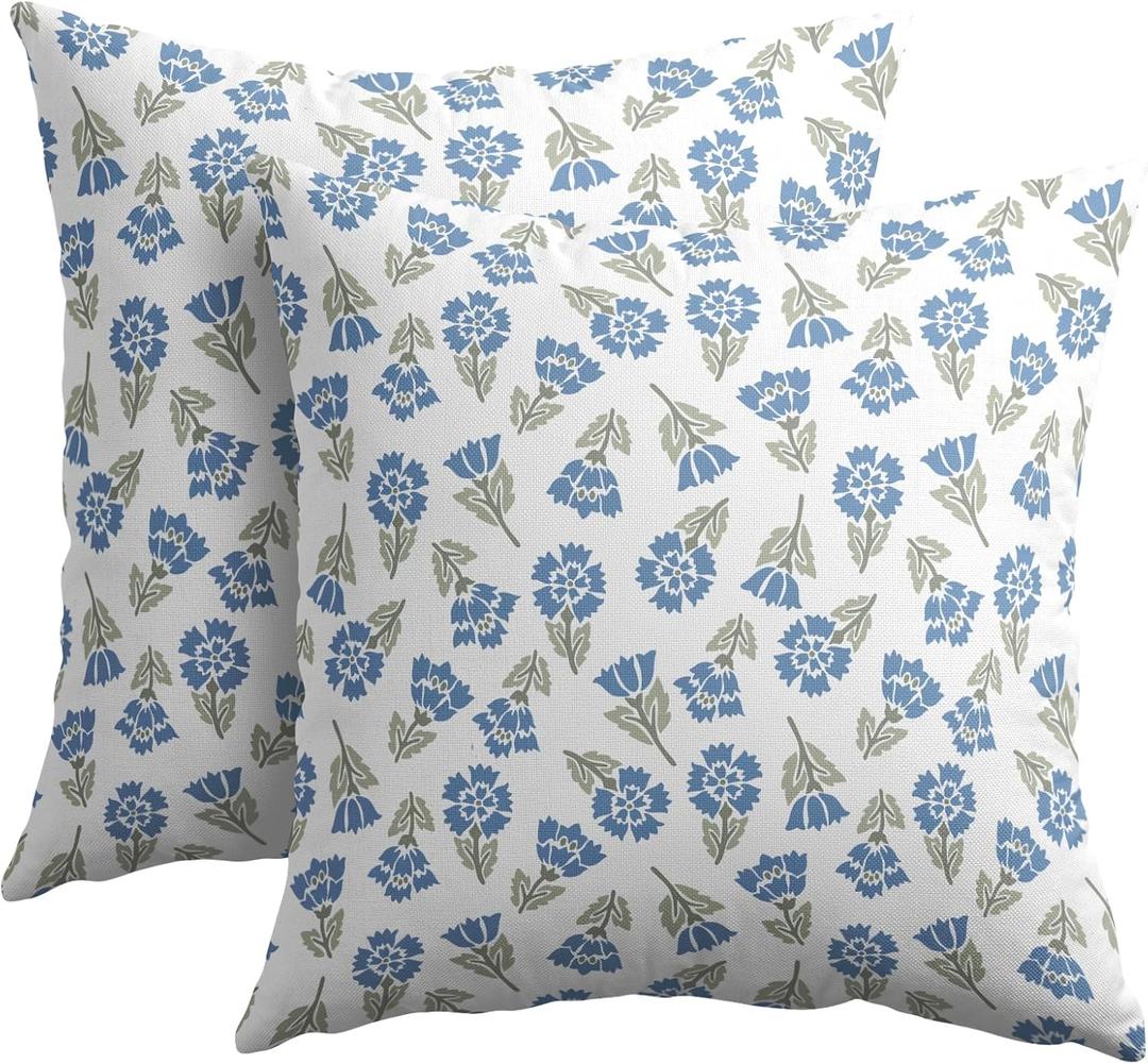 Blue Green Block Print Pillow Covers 18x18 Set of 2 Floral Spring Summer Flower Pattern Decorative Neutral Outdoor Throw Pillowcases Boho Cushion Cover Rustic Decoration Farmhouse Sofa Couch Bed Decor