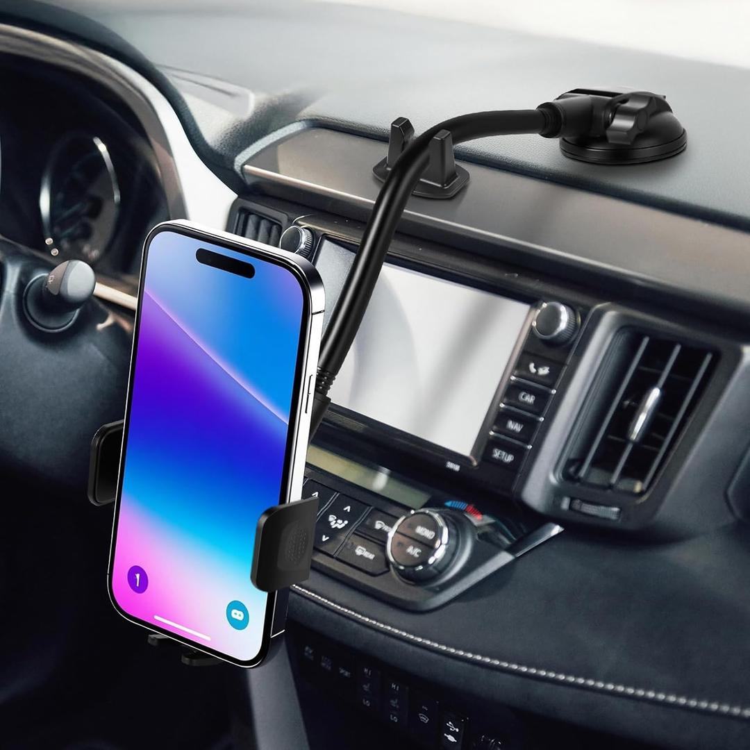 Phone Holder for Car, Long Arm Dashboard Windshield Car Cell Phone Holder, Car Phone Mount with Gooseneck & Suction Cup, Anti-Shake Stabilizer Car Phone Stand for All Smartphones