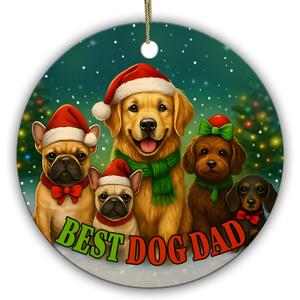 Best Dog Dad Ornament – Funny for Puppy Lovers, Men, Pet Daddy– Cute Holiday Keepsake with Santa Dogs – 2.9" Round Ceramic Ornament with Cord