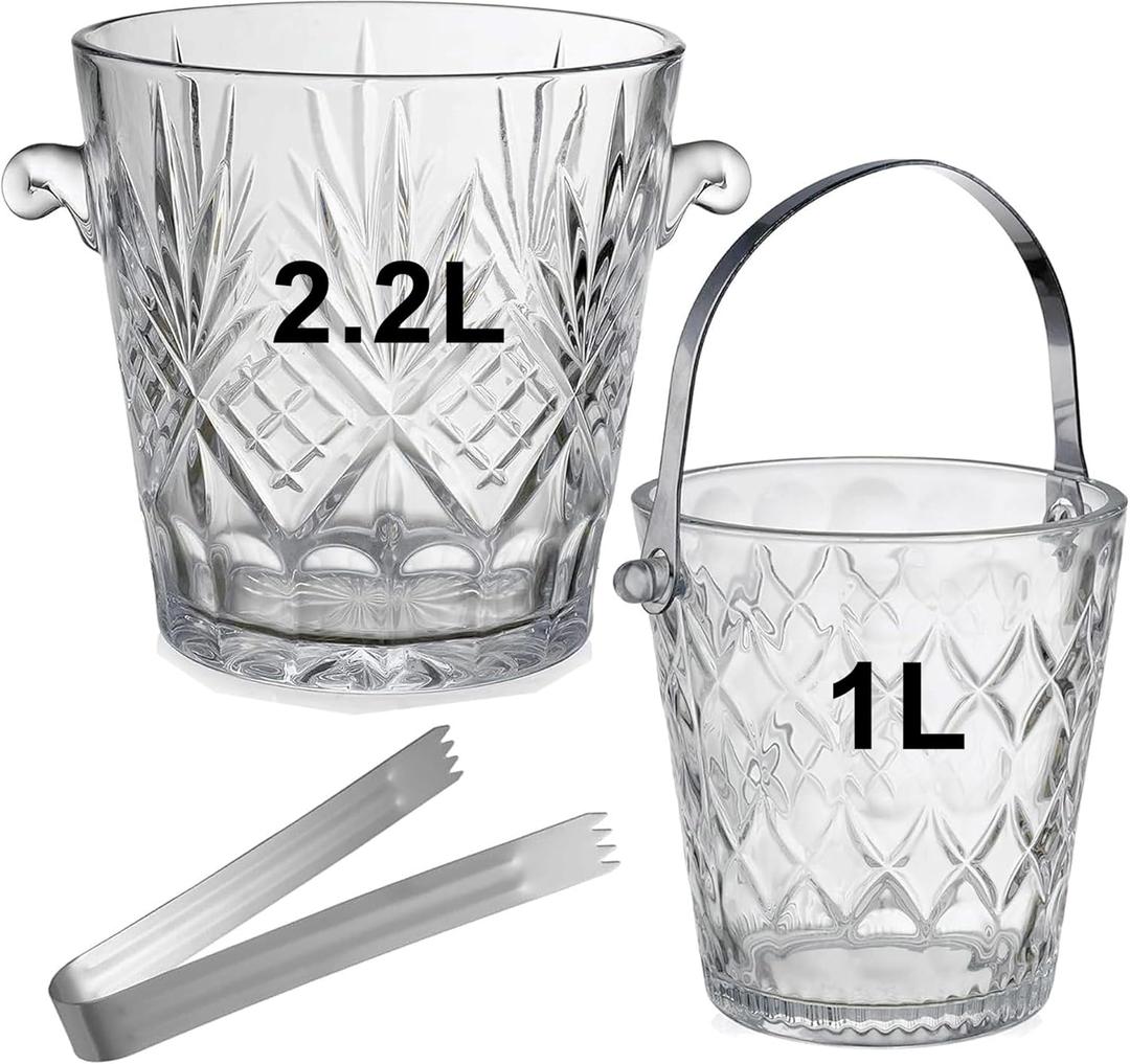 2-Piece Clear Glass Ice Bucket Set with Ice Tongs & Handle - 2.2 Liter and 1Liter Portable Ice Buckets Container for Champagne, Wine, Beer and Cocktail at Parties, Home Bar or Luxury Hotels